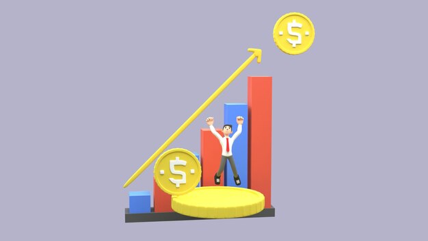 3D-illustratie van kantoorwerkers die blij zijn met toenemende inkomsten met diagrammen