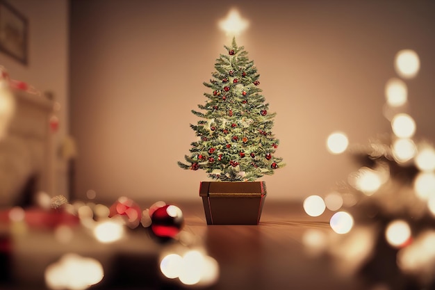 3d illustratie van kerstboom met bokehlicht in de kamer