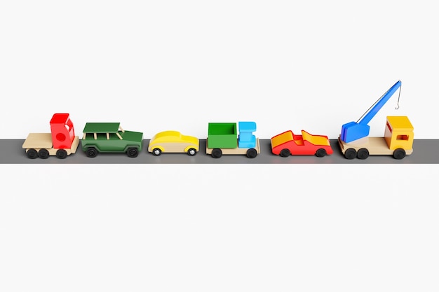 3d illustratie van kinderspeelgoed van een veelkleurige auto jeep converteerbare dumper vrachtwagen en kraan