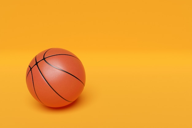 3d illustratie van klassieke oranje basketbalbal met strepen op gele geïsoleerde background