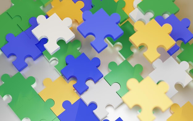 3d illustratie van kleurrijke puzzelstukjes drijvend op een wit oppervlak met blur
