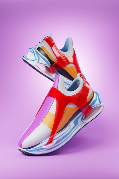 3D illustratie van kleurrijke sneakers met schuim zolen en sluiting onder neon kleur op een paarse achtergrond Sneakers zijaanzicht Modieuze sneakers