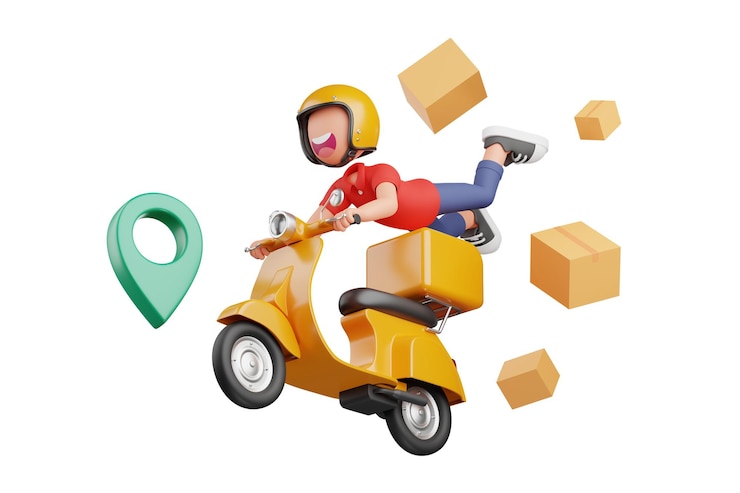 Foto 3d illustratie van koerier die met een motorfiets vliegt