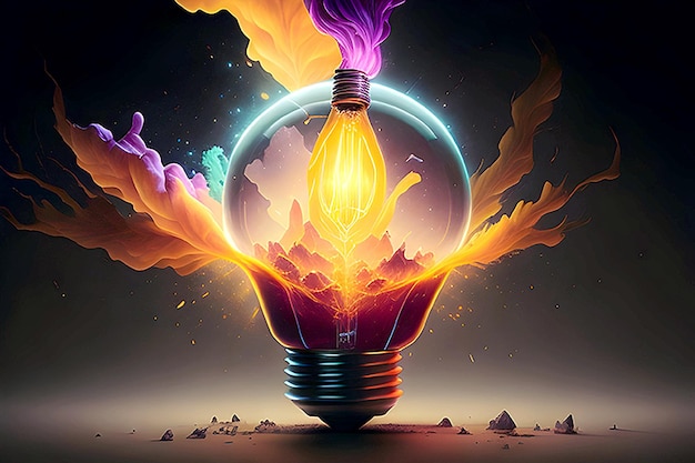 3D illustratie van lamp-gloeilamp die kleurrijke verfspatten giet Ai Generated Art