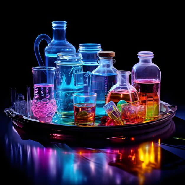 3D-illustratie van lege glazen potten met kleurrijke bollen erin op een donkere achtergrond