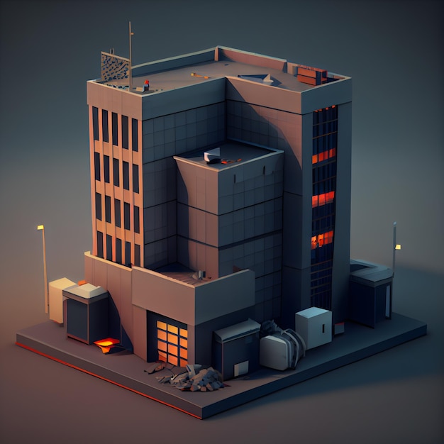 3D illustratie van modern gebouw in isometrische weergave op donkere achtergrond