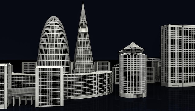 3D illustratie van moderne stadsgebouwen op dark