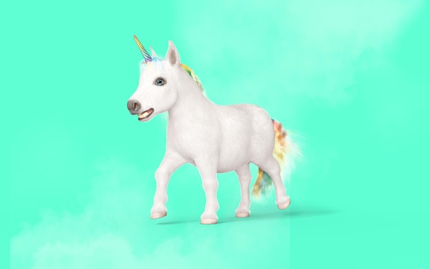 3D illustratie van mythische Pocket Unicorn poseren isoleren op pastel groene achtergrond