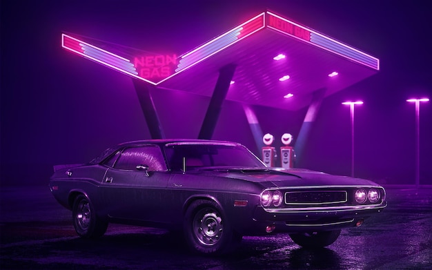3D illustratie van neon tankstation en retro auto Mist regen en nacht Kleur reflecties op asfalt