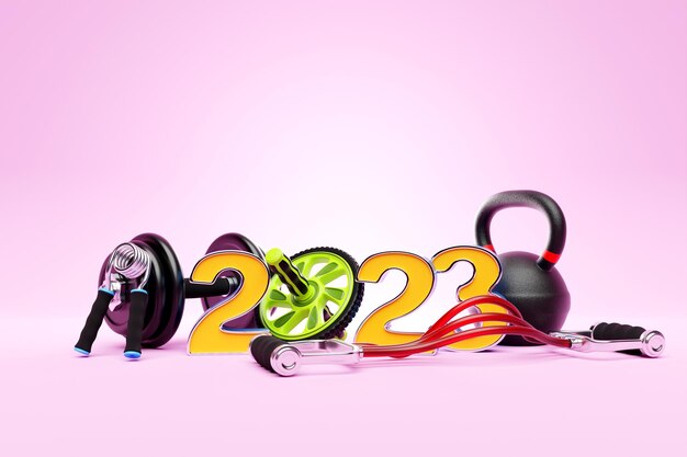 3D illustratie van ontwerp gelukkig nieuwjaar 2023 en sportuitrusting Sportuitrusting kettlebell halter elastische band voor sport gymnastiek roller voor de pers Sport gelukkig nieuwjaar banner