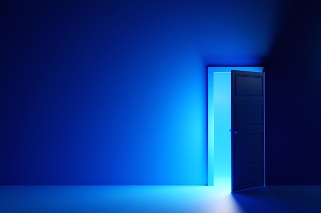 3D illustratie van open deur waaruit blauw licht schijnt in een donkere kamer met blauw licht Riddle avontuur en mystiek concept