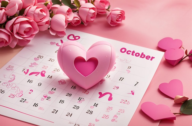 3D illustratie van Pink Ribbon Heart en Callendar ter ondersteuning van een wereldwijde borstkankerbewustmakingsmaand