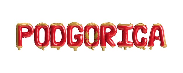 3D illustratie van Podgorica hoofdstad ballonnen met Montenegro vlaggen kleur geïsoleerd op white