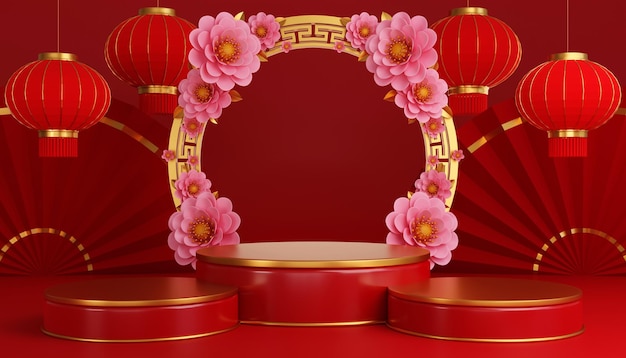 3d illustratie van podium rond podiumpodium en papierkunst chinees nieuwjaar