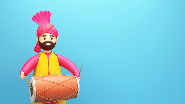 3D Illustratie Van Punjabi Jonge Man Dhol Drum Spelen Op Blauwe Achtergrond En Kopie Ruimte