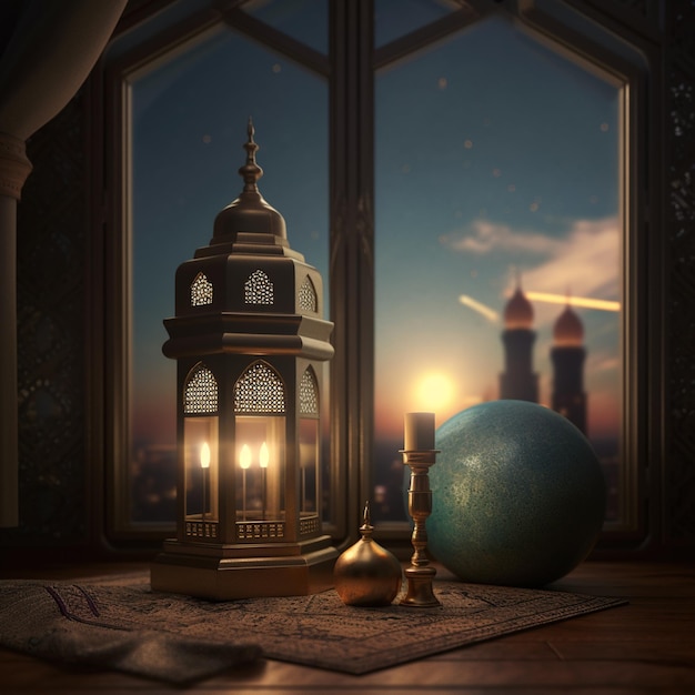3D illustratie van Ramadan Kareem achtergrond met lantaarns en moskee
