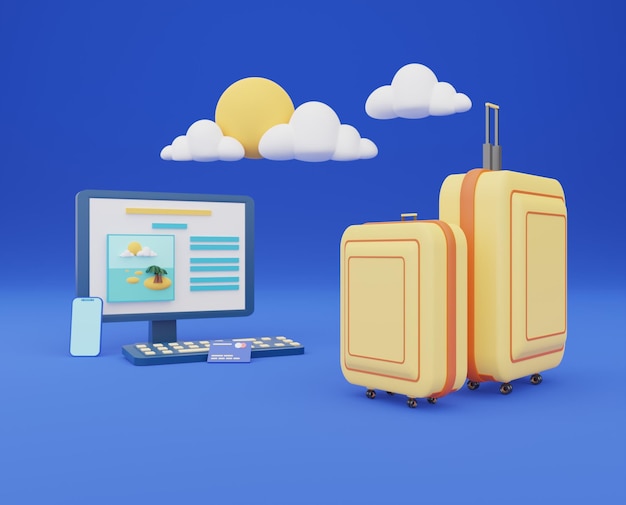 3D illustratie van reizigersuitrusting Koffer of bagage en pc-computer op blauwe achtergrond