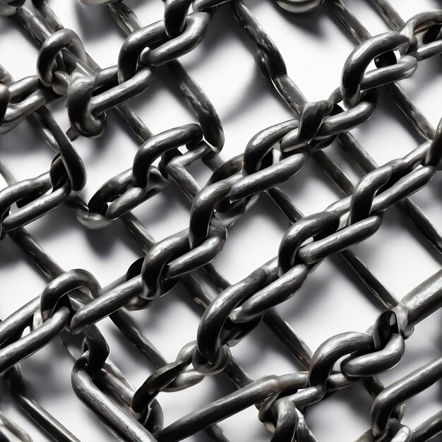 3D-illustratie van rijen zilveren metalen kettingen met kettingen op een witte achtergrond geometrisch patroon