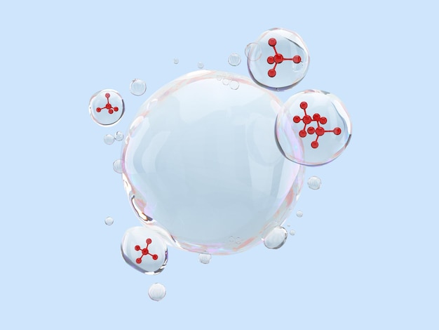 3D illustratie van rode molecule in vloeibare bubbels met uitknippad voor cosmetisch product