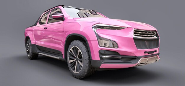 3D illustratie van roze concept vracht pick-up truck op grijze geïsoleerde achtergrond 3D-rendering