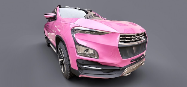 3D illustratie van roze concept vracht pick-up truck op grijze geïsoleerde achtergrond 3D-rendering