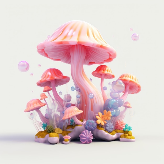 3D illustratie van roze paddestoelen op een witte achtergrond