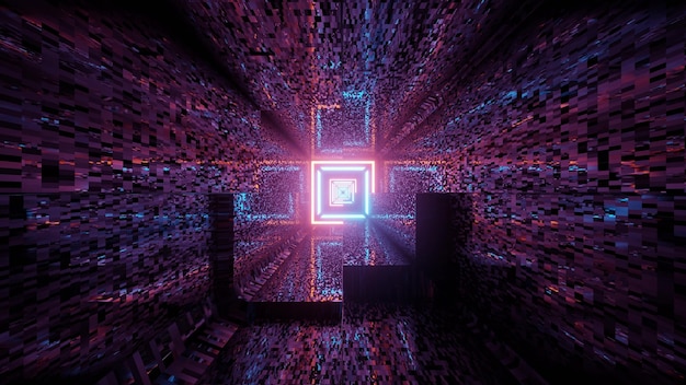 3d illustratie van samenvatting van driedimensionale sci FI-tunnel met kruis en vierkante vormen die met roze en blauwe neonlichten gloeien