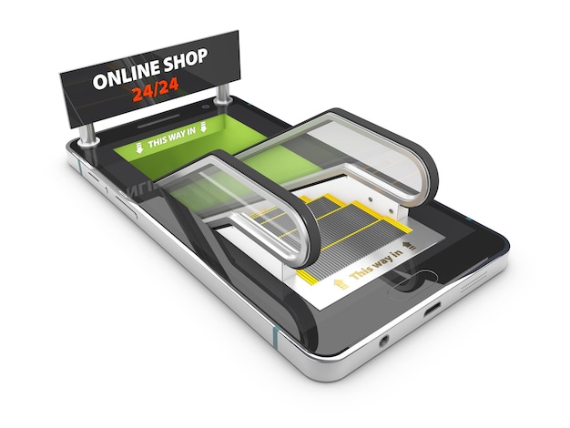 3d illustratie van smartphone met roltrap op het scherm, online winkelen concept.