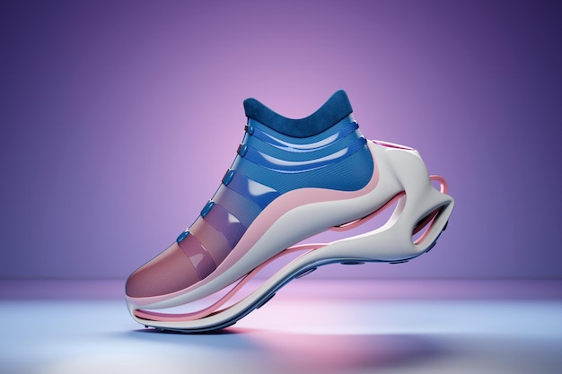 3d illustratie van sneakers met heldere holografische print met gradiënt Stijlvol concept van stijlvolle en trendy sneakers