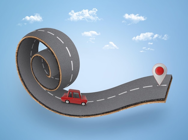 3D illustratie van swirl road met auto en locatie icoon. creatief ontwerp van swirl snelweg weg.