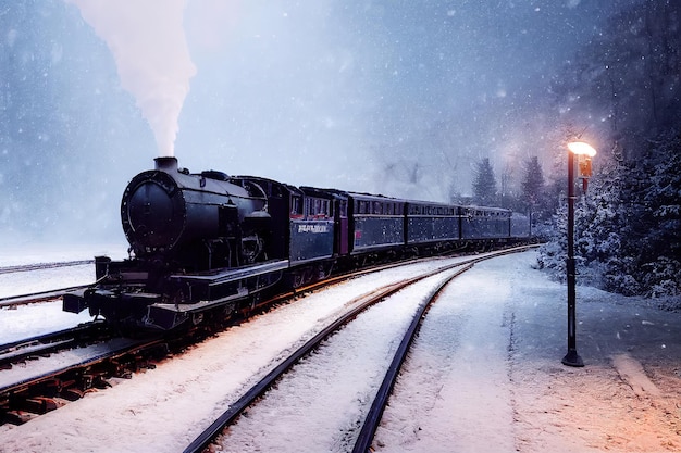 3d illustratie van treinbeweging met verlichting van de weg met felle koplampen in de winter