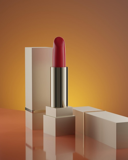 3d illustratie van trendy lippenstift sjabloon op oranje achtergrond Mode cosmetica Make-up ontwerp