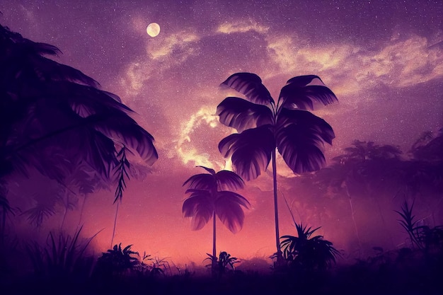 3d illustratie van tropisch mysterieus en mysterieus bos 's nachts