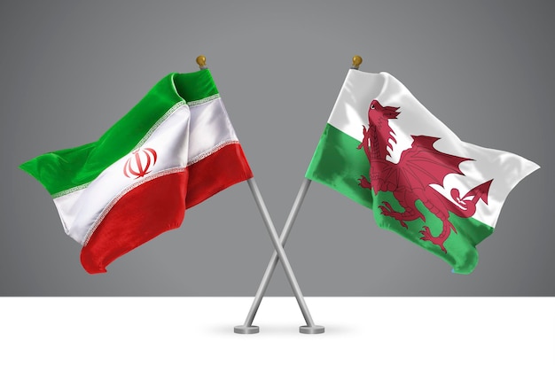 3D illustratie van twee gekruiste vlaggen van Wales en Iran