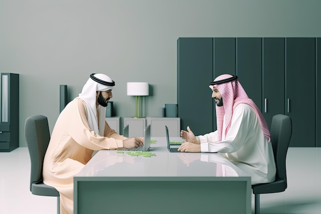 3D illustratie van twee Saoedi-Arabische Golfpersonen onderhandelen in Realestate AI gegenereerd