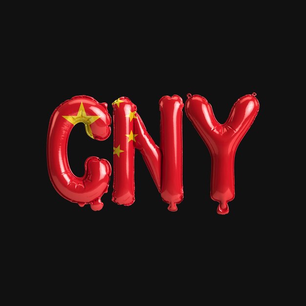 3D illustratie van valuta cnyletter ballonnen met vlaggen kleur China geïsoleerd op zwart