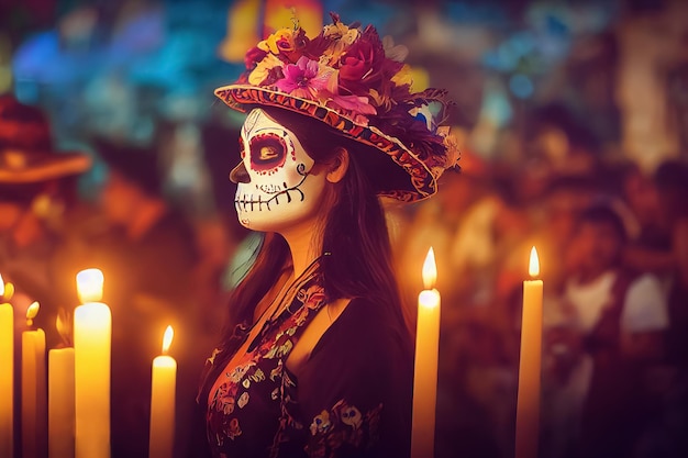 3d illustratie van vrouw met geschilderde schedel op haar gezicht voor Mexico Muertos Mexicaans traditioneel ritueel