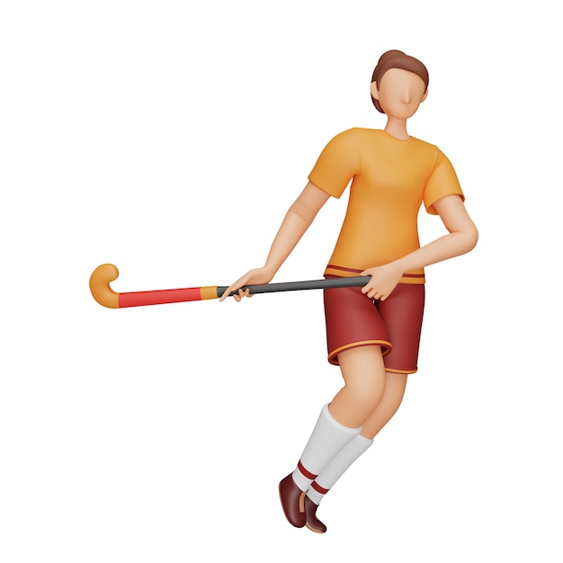 3D illustratie van vrouwelijke hockeyspeler met stok op witte achtergrond.