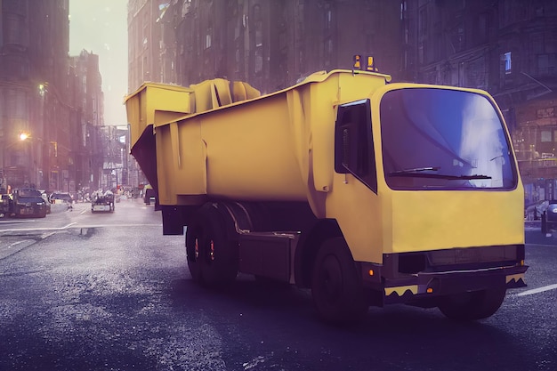 3d illustratie van vuilniswagens in het concept van de stadsvuilnisverwijdering