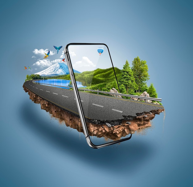 3d illustratie van weg met geïsoleerde mobiele telefoon. Mooie landschapsweg met slimme telefoon.