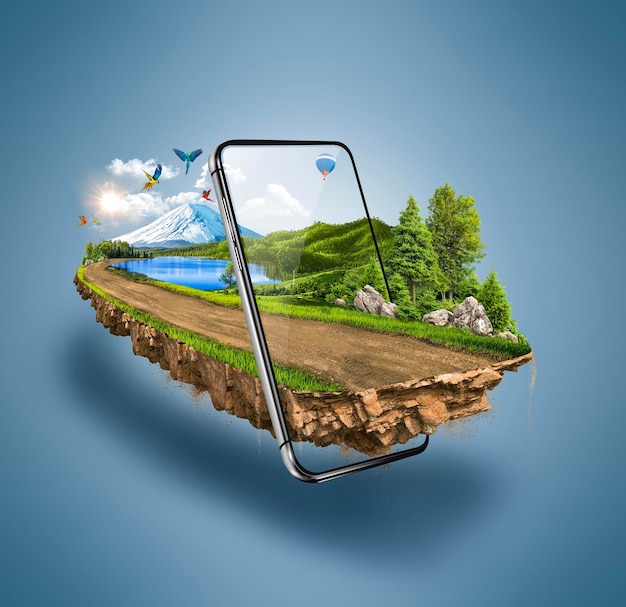 3d illustratie van weg met geïsoleerde mobiele telefoon. Mooie landschapsweg met slimme telefoon.