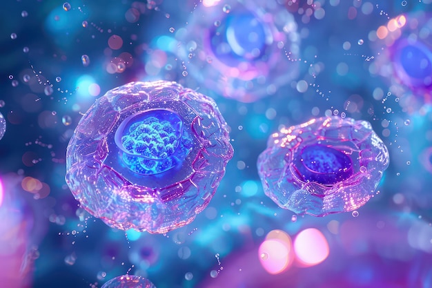 3D-illustratie van witte bloedcellen en blauwe licht achtergrond medisch concept