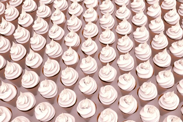 3D illustratie van witte meringue, marshmallows op een afgelegen roze achtergrond. Grote hoeveelheid meringue op het oppervlak. Zoete lekkernijen. 3D-graphics