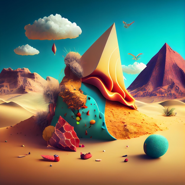 3D illustratie van woestijnlandschap met piramides stenen en vogels