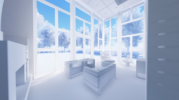 3D illustratie van woonkamer en keuken interieur. 3D-rendering.