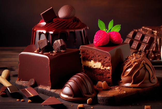 Foto 3d illustratie verschillende chocolade gerechten close-up generatieve ai