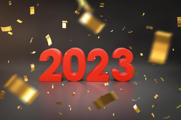 3D illustratie viering concept 2023 met gouden confetti