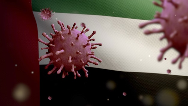 3D illustratie vlag van de Verenigde Arabische Emiraten die zwaait met een uitbraak van het coronavirus die de luchtwegen infecteert als gevaarlijke griep. Influenza type Covid 19-virus met nationale banner van de VAE die op de achtergrond waait