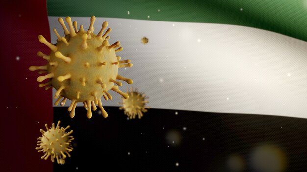 3D illustratie vlag van de Verenigde Arabische Emiraten die zwaait met een uitbraak van het coronavirus die de luchtwegen infecteert als gevaarlijke griep. Influenza type Covid 19-virus met nationale banner van de VAE die op de achtergrond waait