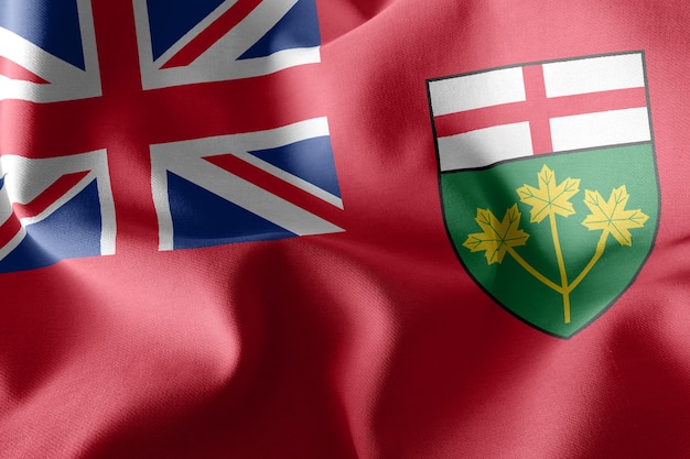 3D illustratie vlag van Ontario is een regio van Canada. Wuivend op de textielachtergrond van de windvlag